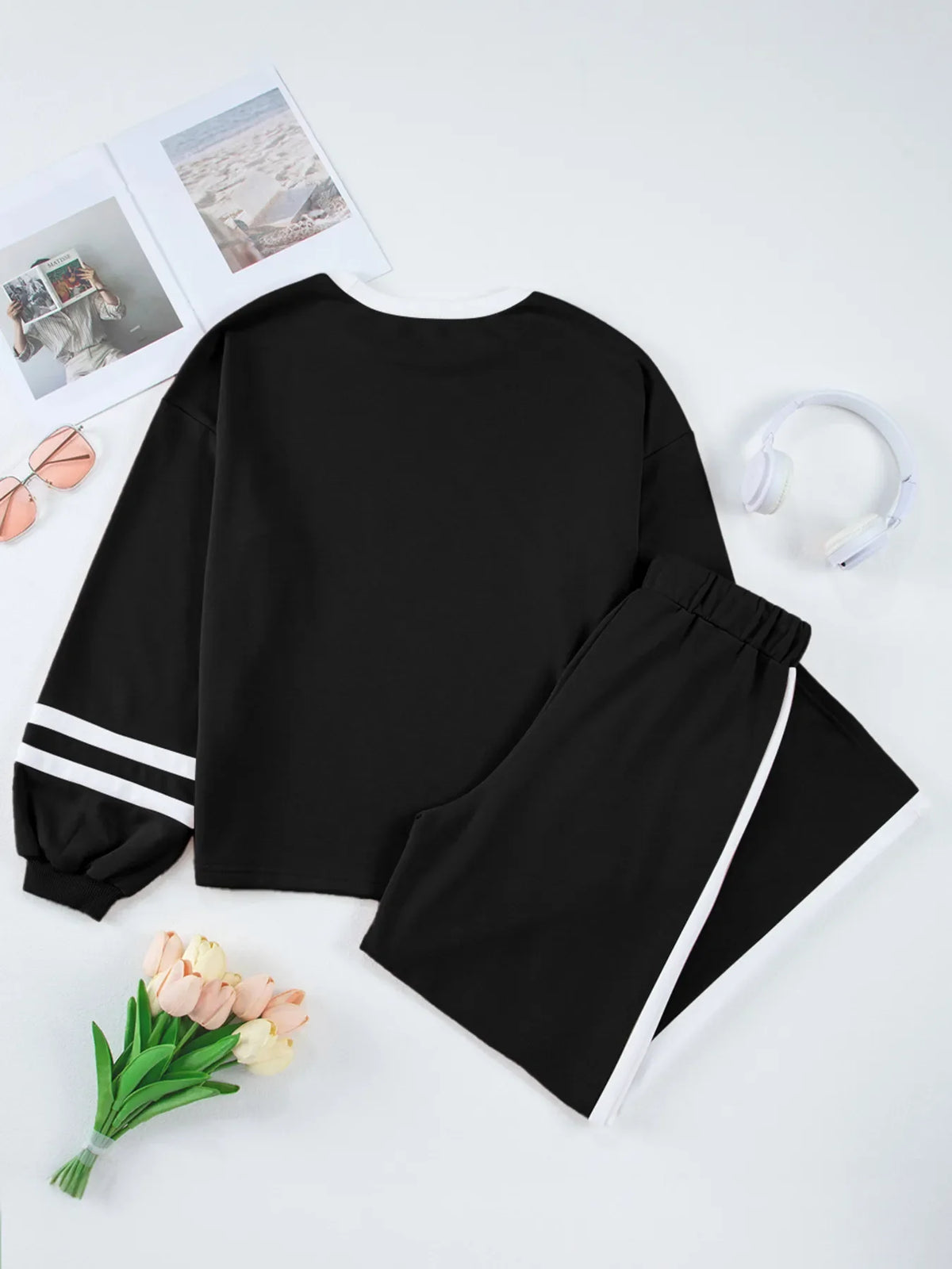 Contrast Trim Round Neck Top and Pants Set