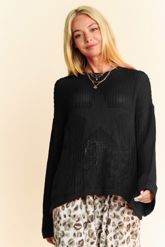 Back To School Sweater - Davi &amp; Dani Star Front Crochet Drop Shoulder Knit Top