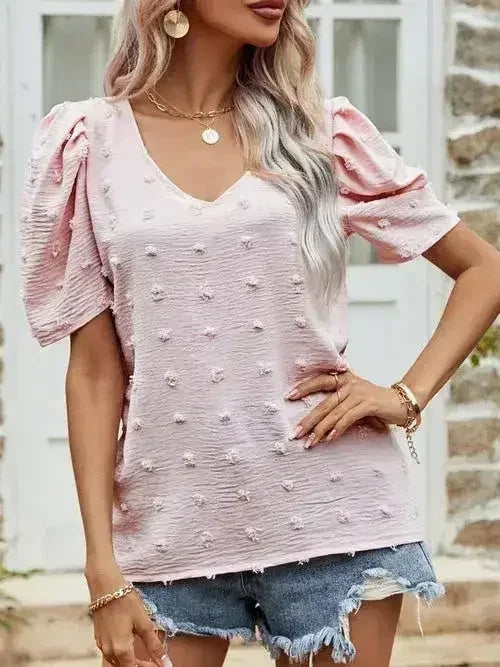 Blush Pink Swiss Dot Short Puff Sleeve Top | Femstylo