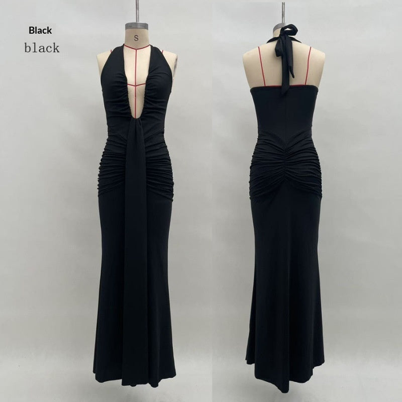 Solid Color Elegant Halter Deep V Waist-slimming Long Dress