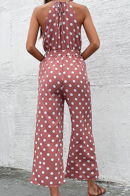 Perfee Polka Dot Grecian Wide Leg Jumpsuit