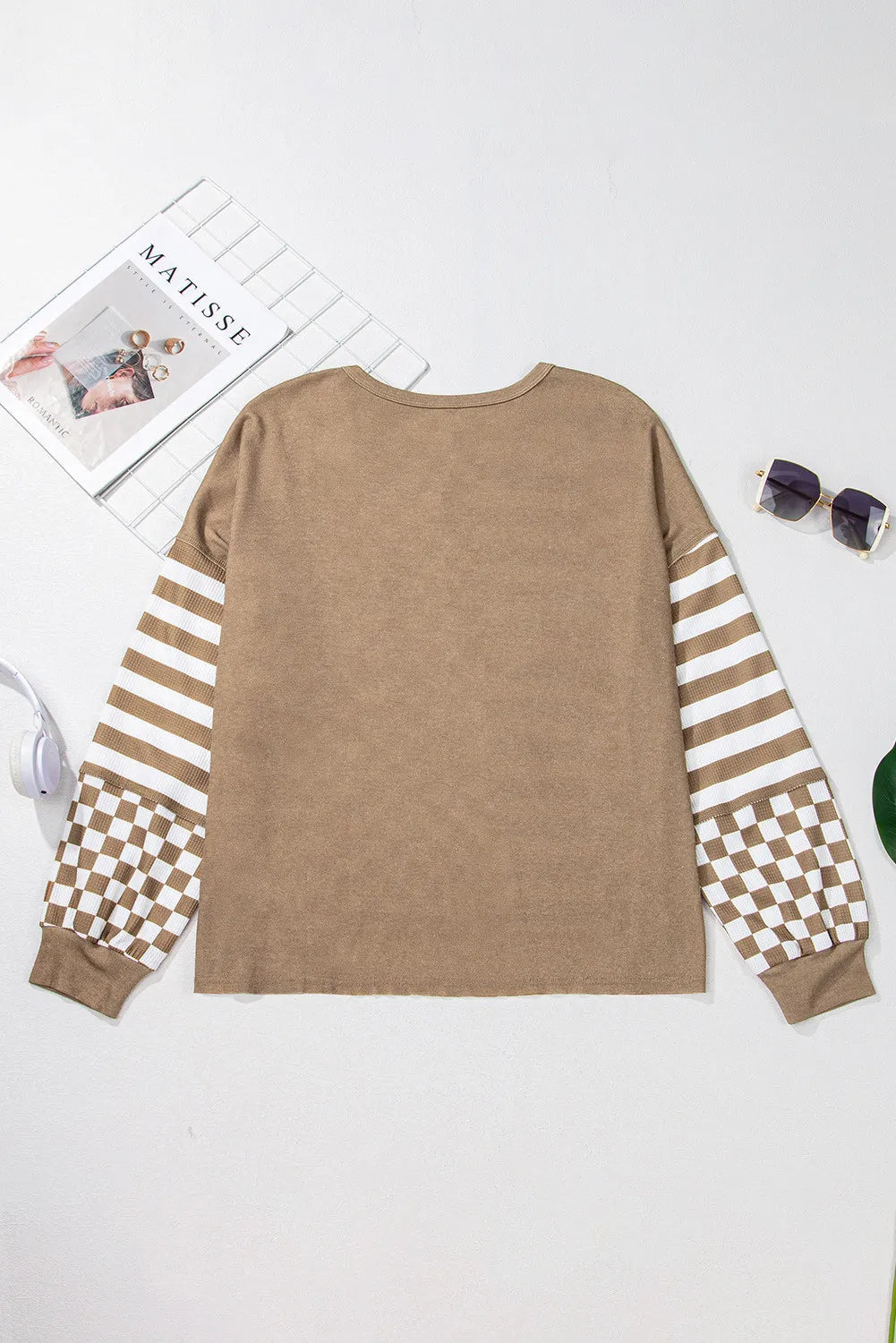 Checker &amp; Stripes Round Neck Long Sleeve Blouse