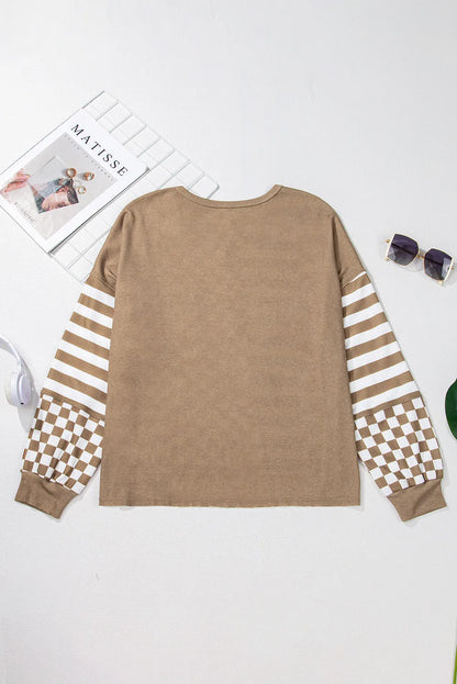 Checker &amp; Stripes Round Neck Long Sleeve Blouse