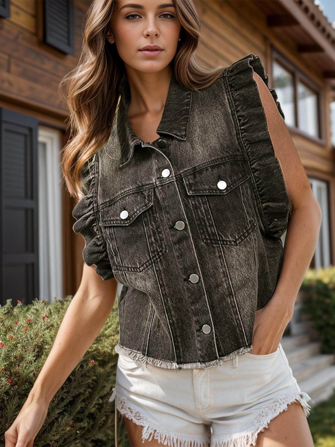 Raw Hem Ruffled Cap Sleeve Denim Jacket for Women