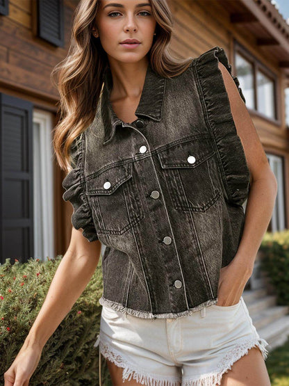 Raw Hem Ruffled Cap Sleeve Denim Jacket for Women