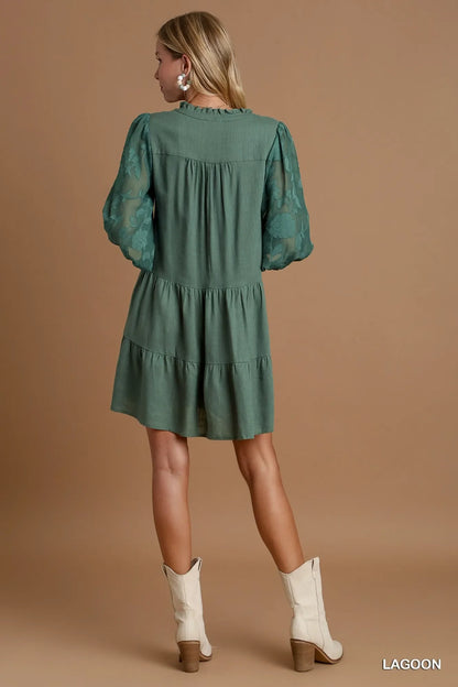 Umgee Floral Contrast Sleeve Tiered Dress