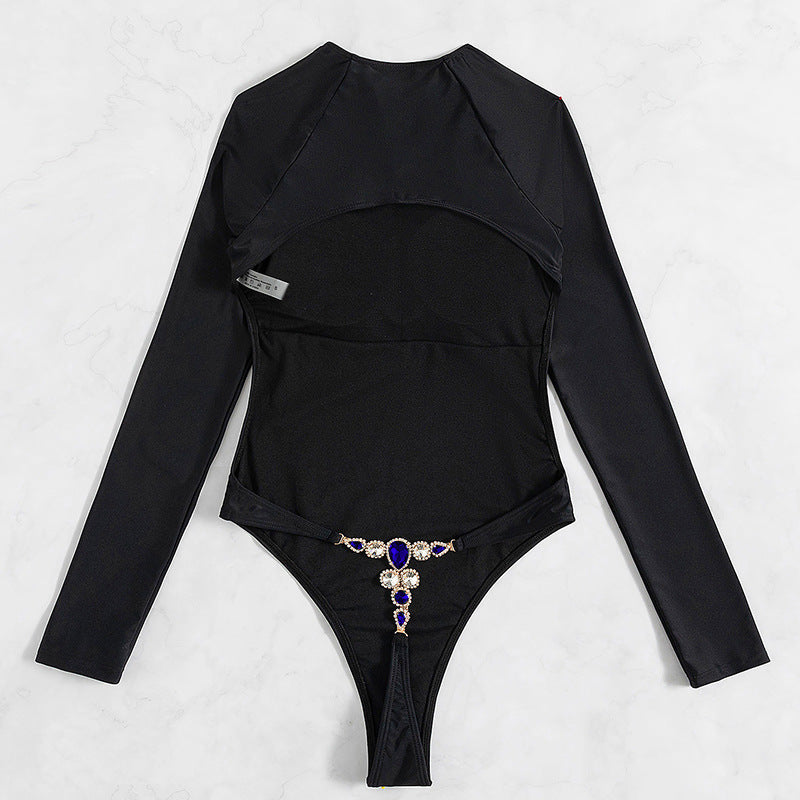 Long Sleeve Backless T-back Light Diamond One-piece Swimsuit