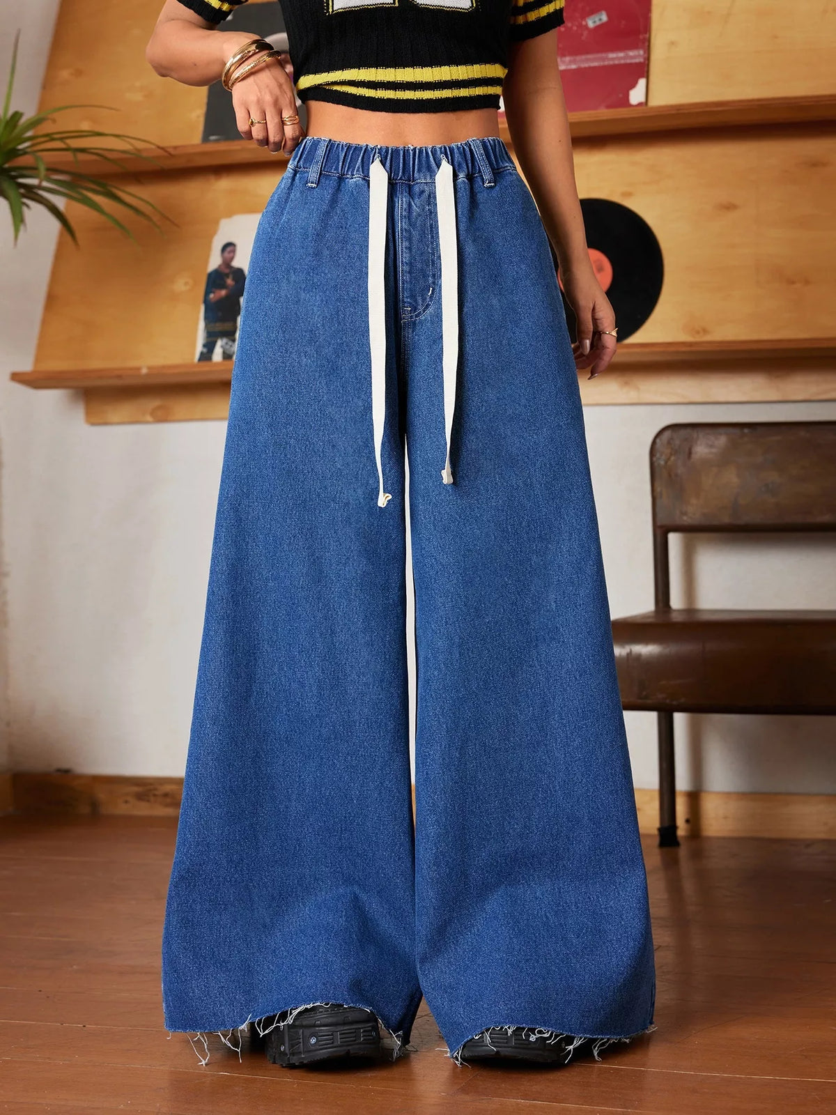 Wide Leg Drawstring Waist Ripped Hem Jeans