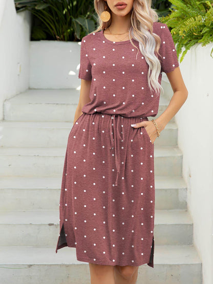 Round Neck Short Sleeve Slit Dress with Pockets for Women