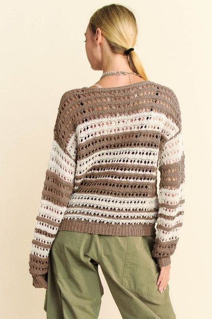 Back To School Sweater - Davi &amp; Dani Contrast Striped Crochet Drop Shoulder Knit Cover Up