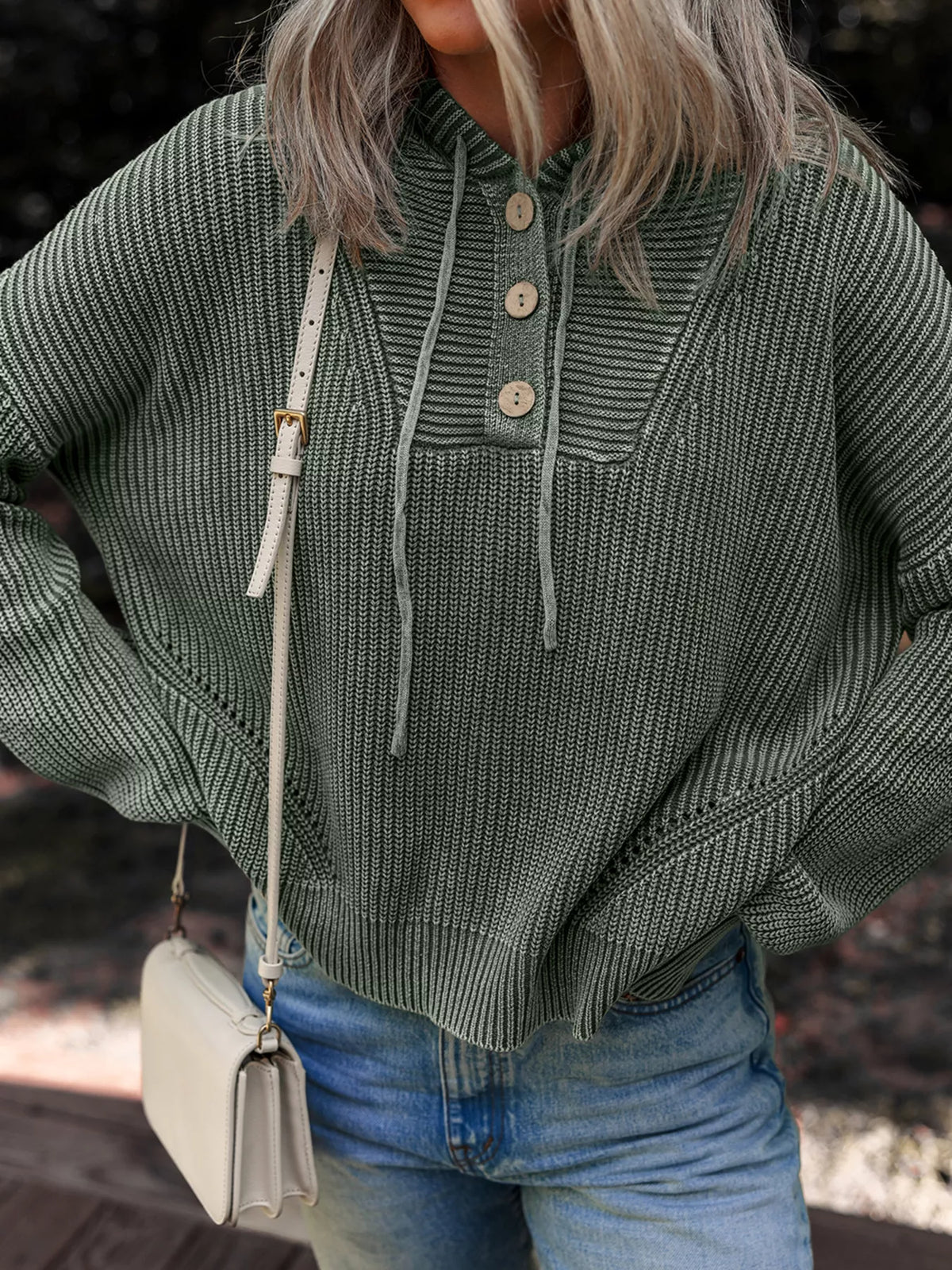 Mineral Wash Ribbed Knit Button Drawstring Neck Hooded Sweater