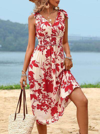 Perfee Smocked Printed Surplice Midi Dress for Women