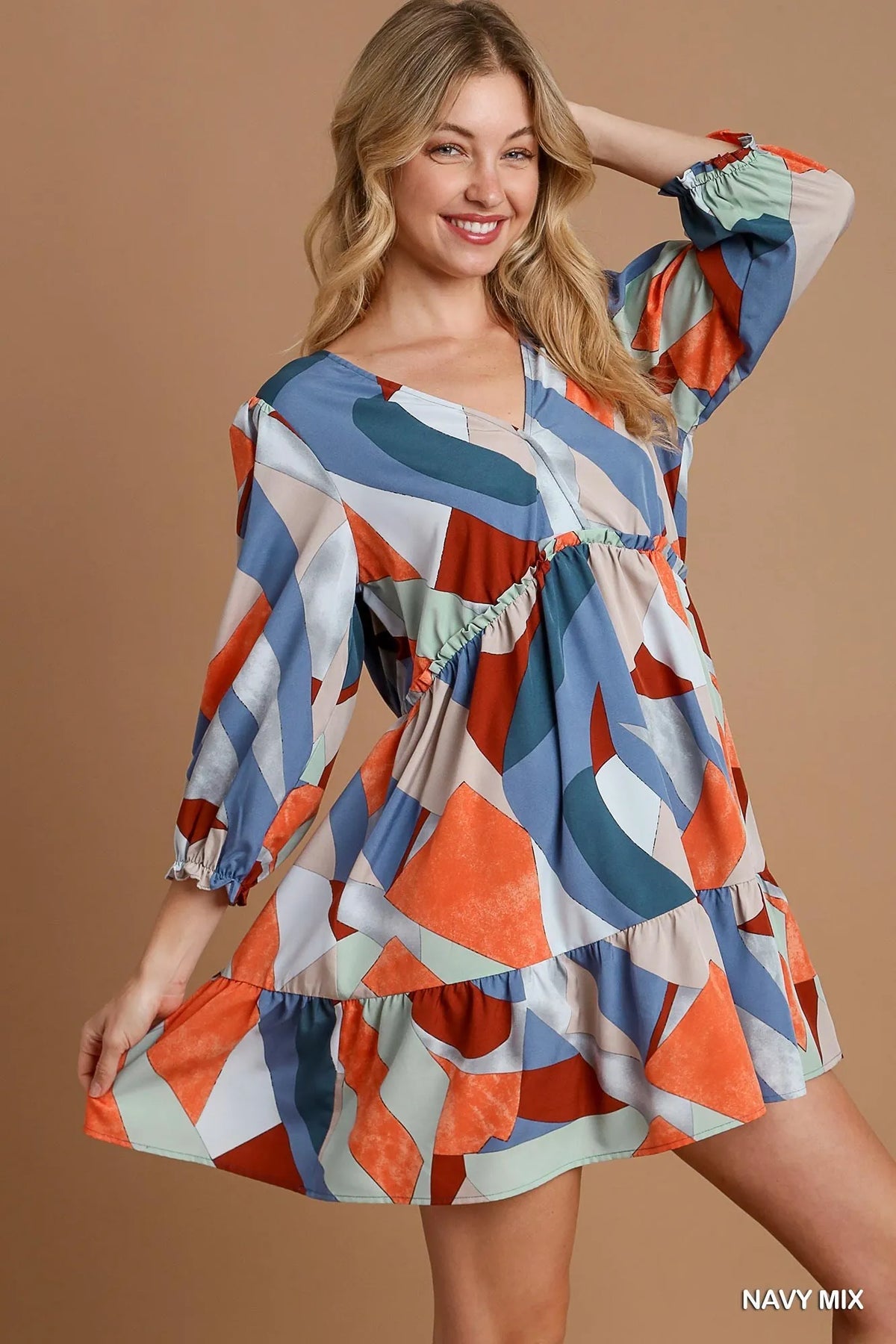 Umgee Abstract V-Neck Tiered Printed Dress