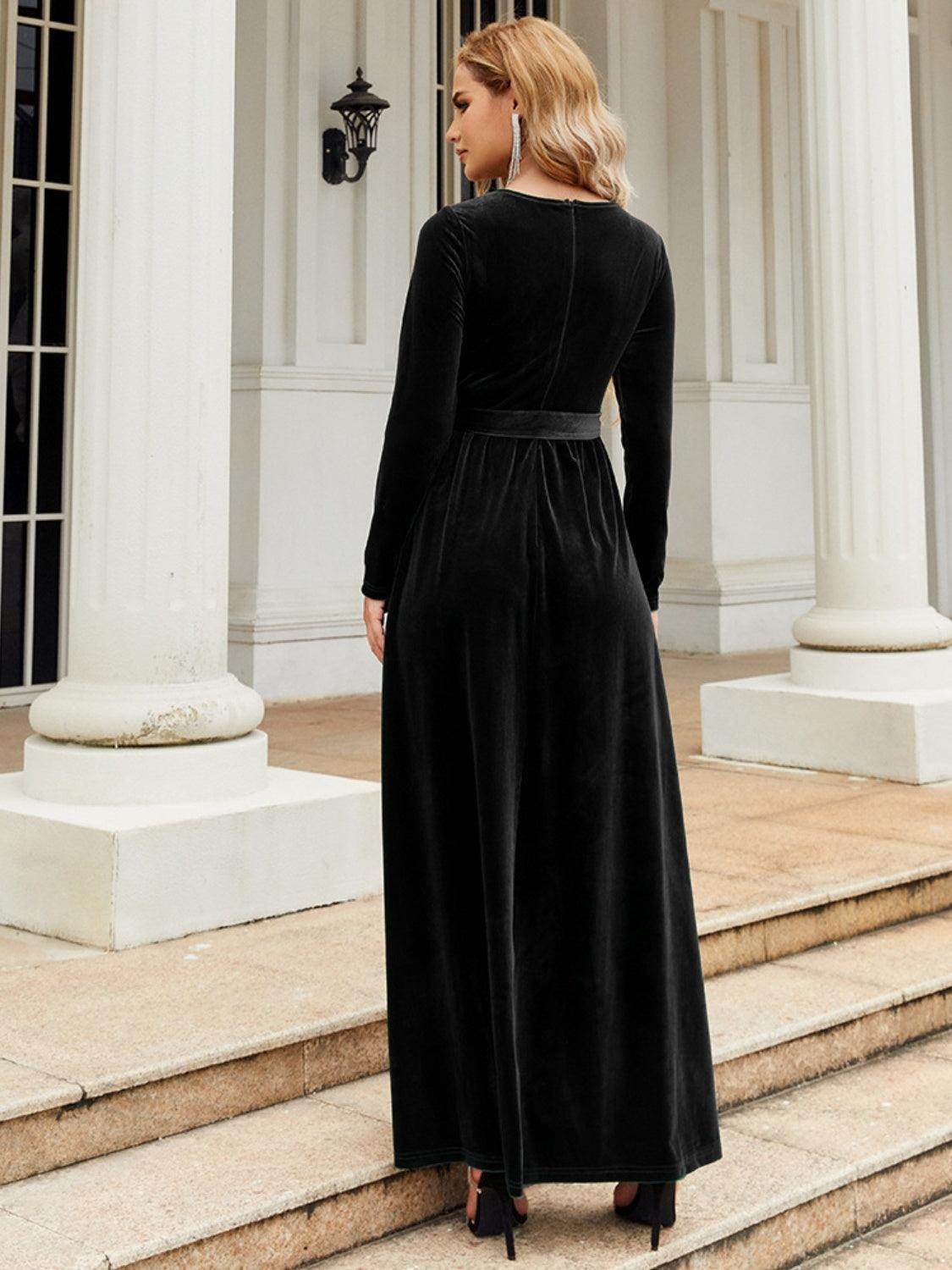 Tie Front Round Neck Long Sleeve Maxi Dress for Women
