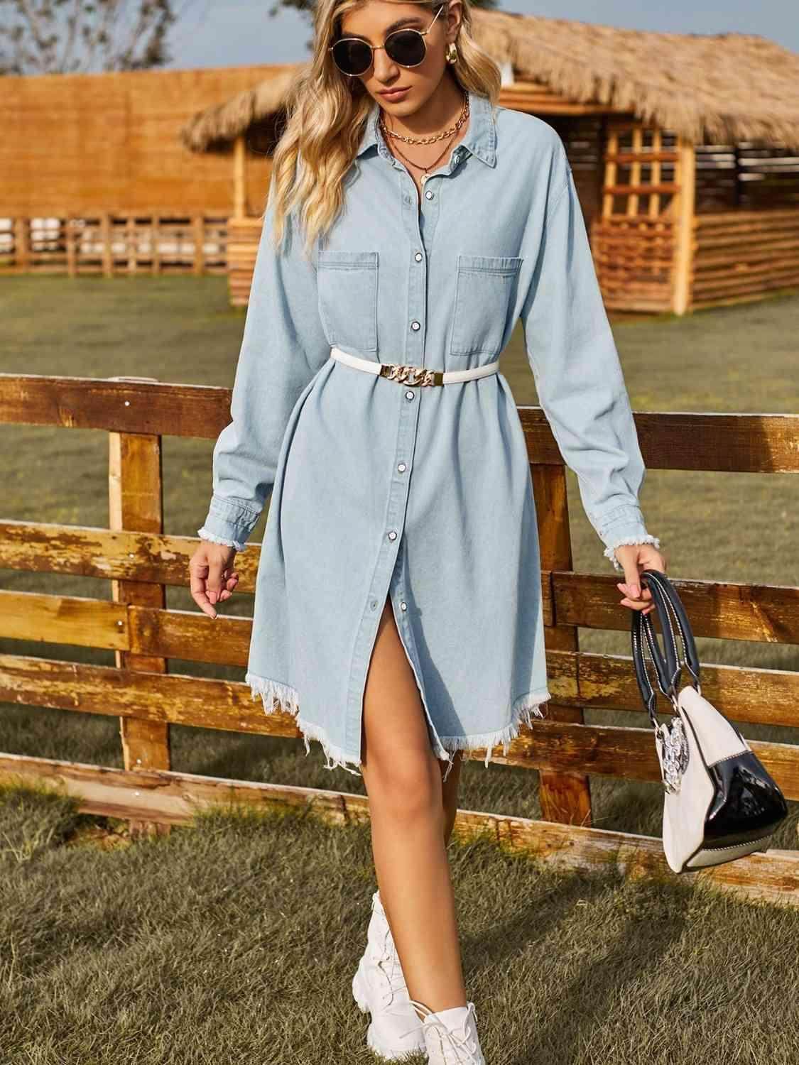 Button Up Collared Neck Raw Hem Denim Dress for Women