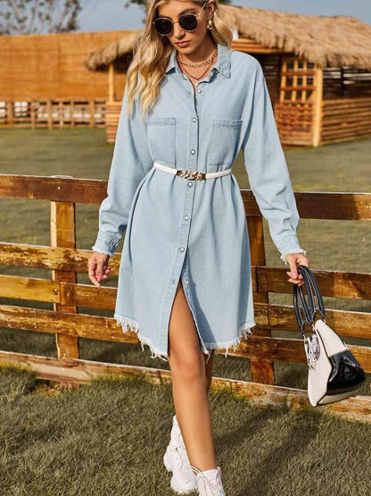 Button Up Collared Neck Raw Hem Denim Dress for Women