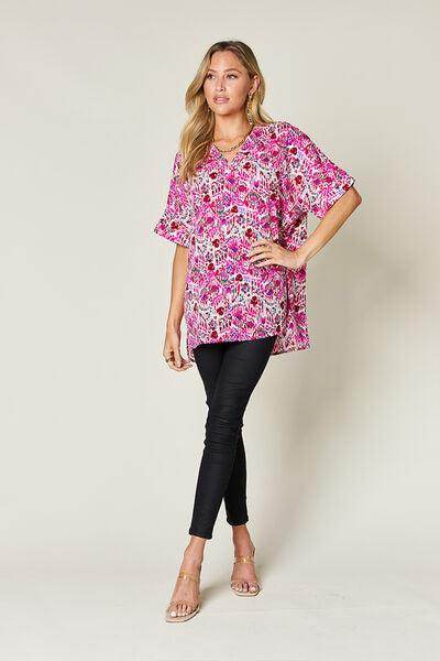 Double Take Full Size Printed V-Neck Short Sleeve Blouse
