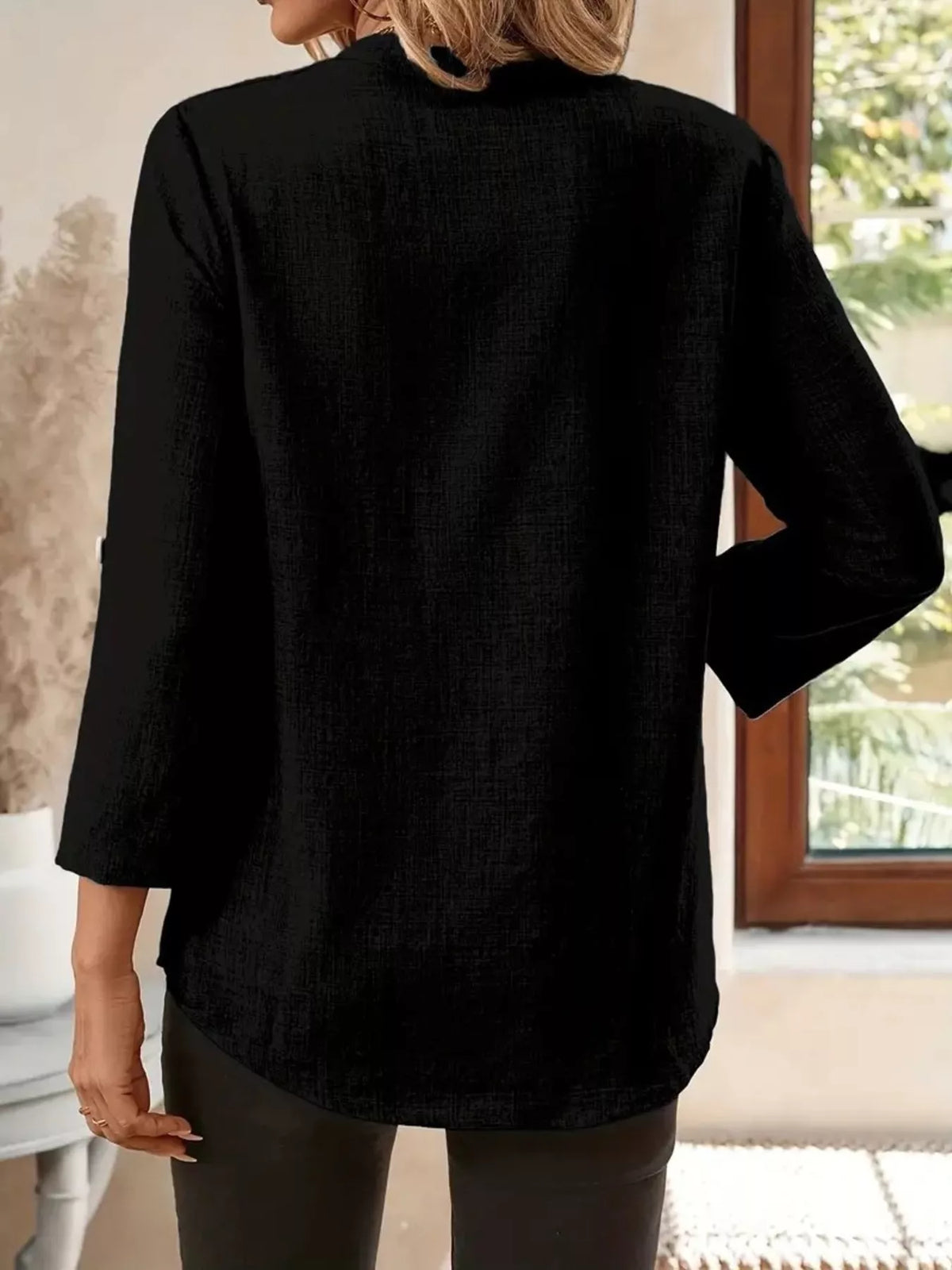 Roll-Up Sleeve Notched Blouse