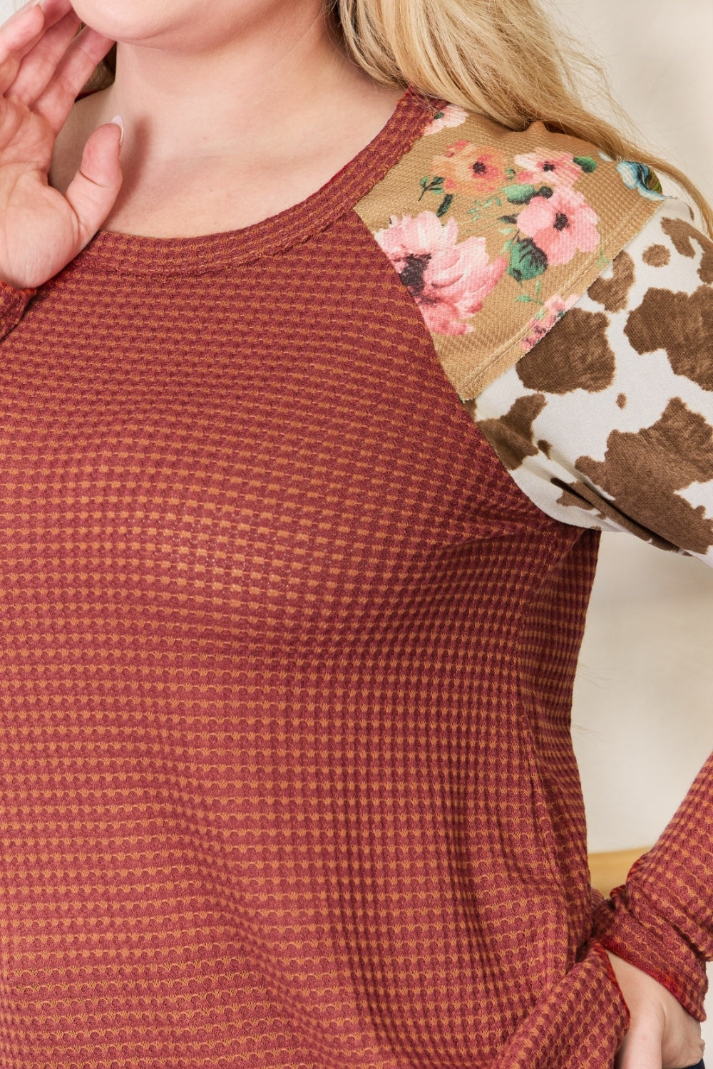 Hailey &amp; Co Full Size Leopard Waffle-Knit Blouse