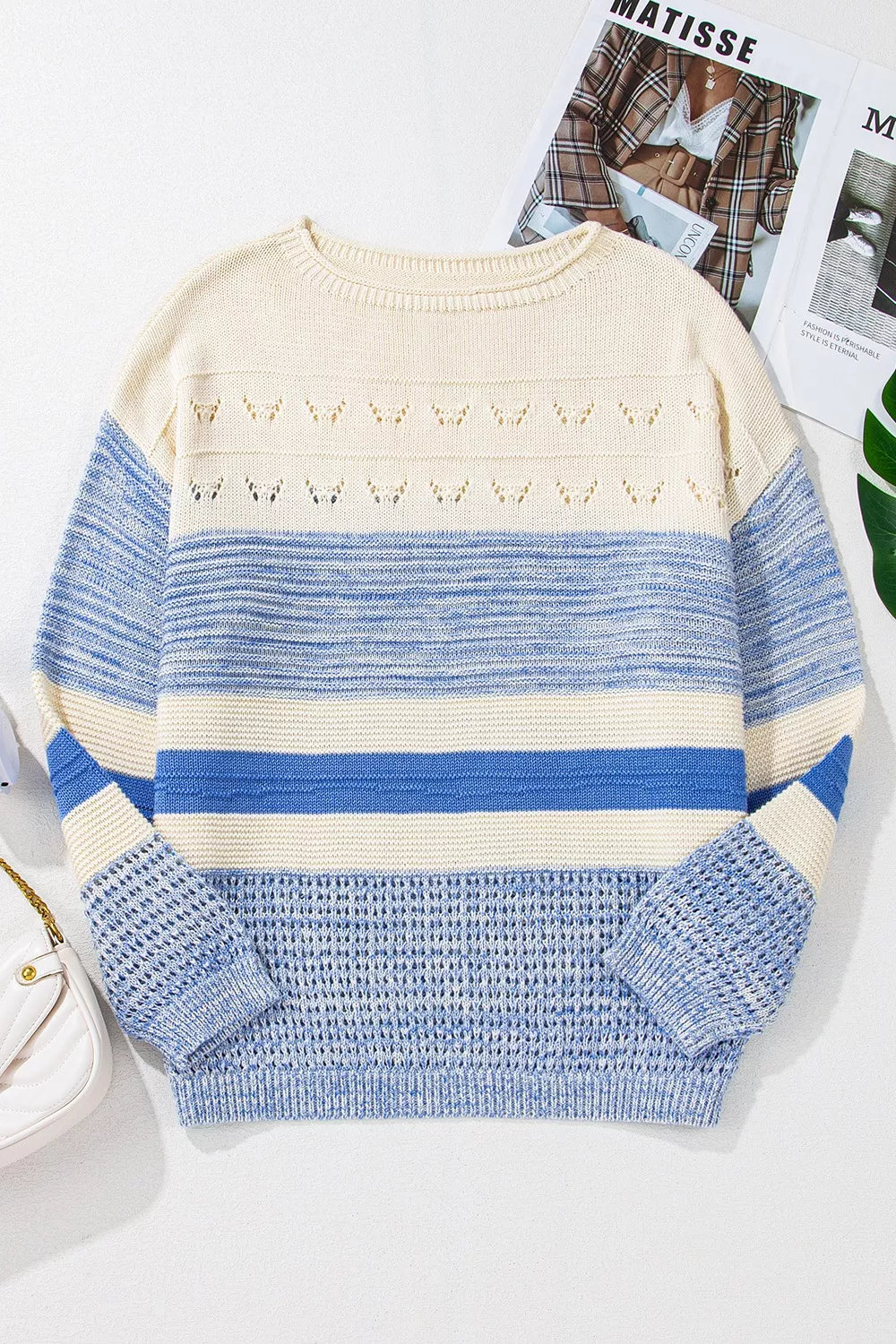Openwork Striped Knit Long Sleeve Sweater