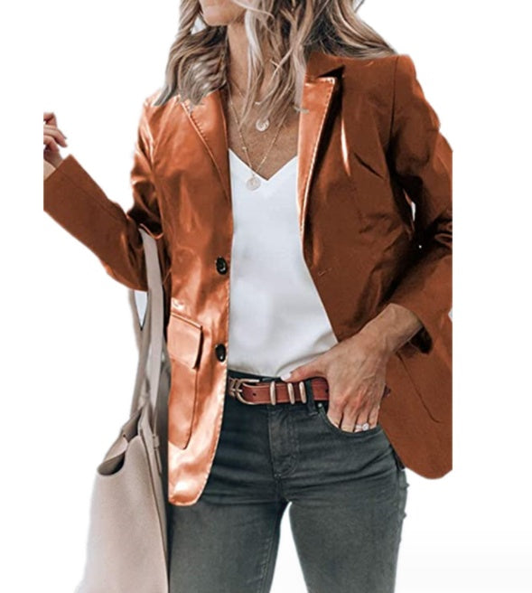 Lapel Single Breasted Solid Color PU Leather Women&