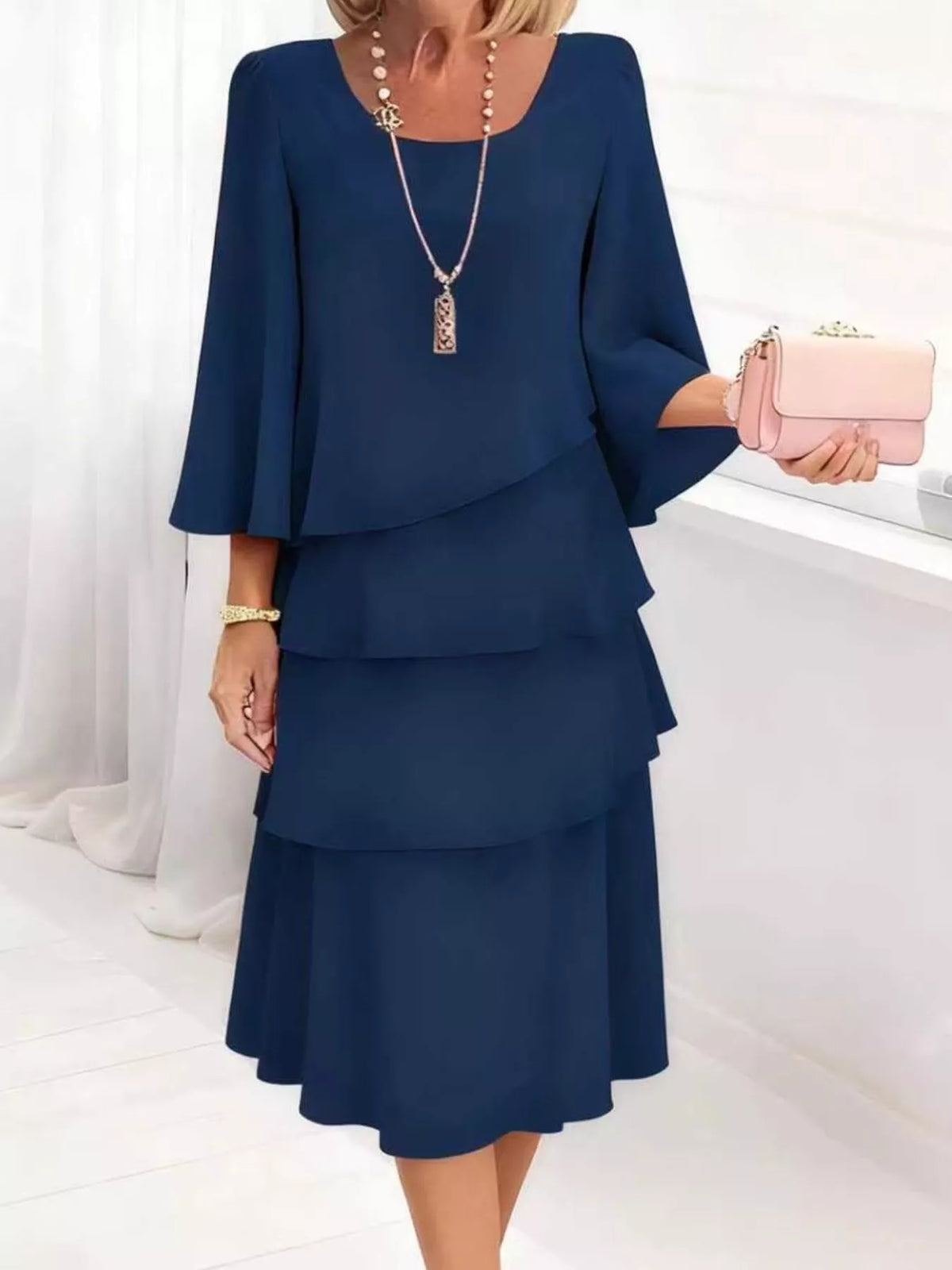 Full Size Ruffled Layered 3/4 Sleeve Dress Plus Size