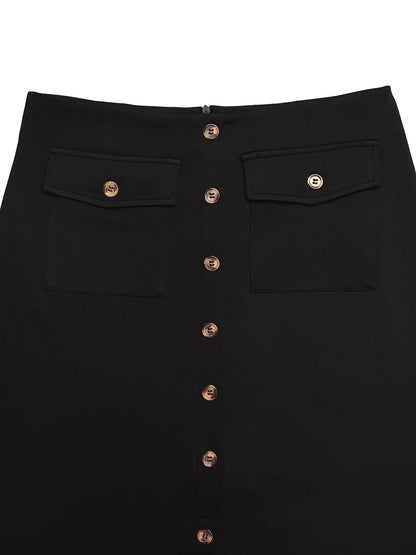 Button-Front Pocketed Midi Skirt