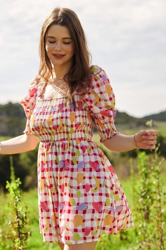 Davi &amp; Dani Fruits Printed Smocking Mini Dress