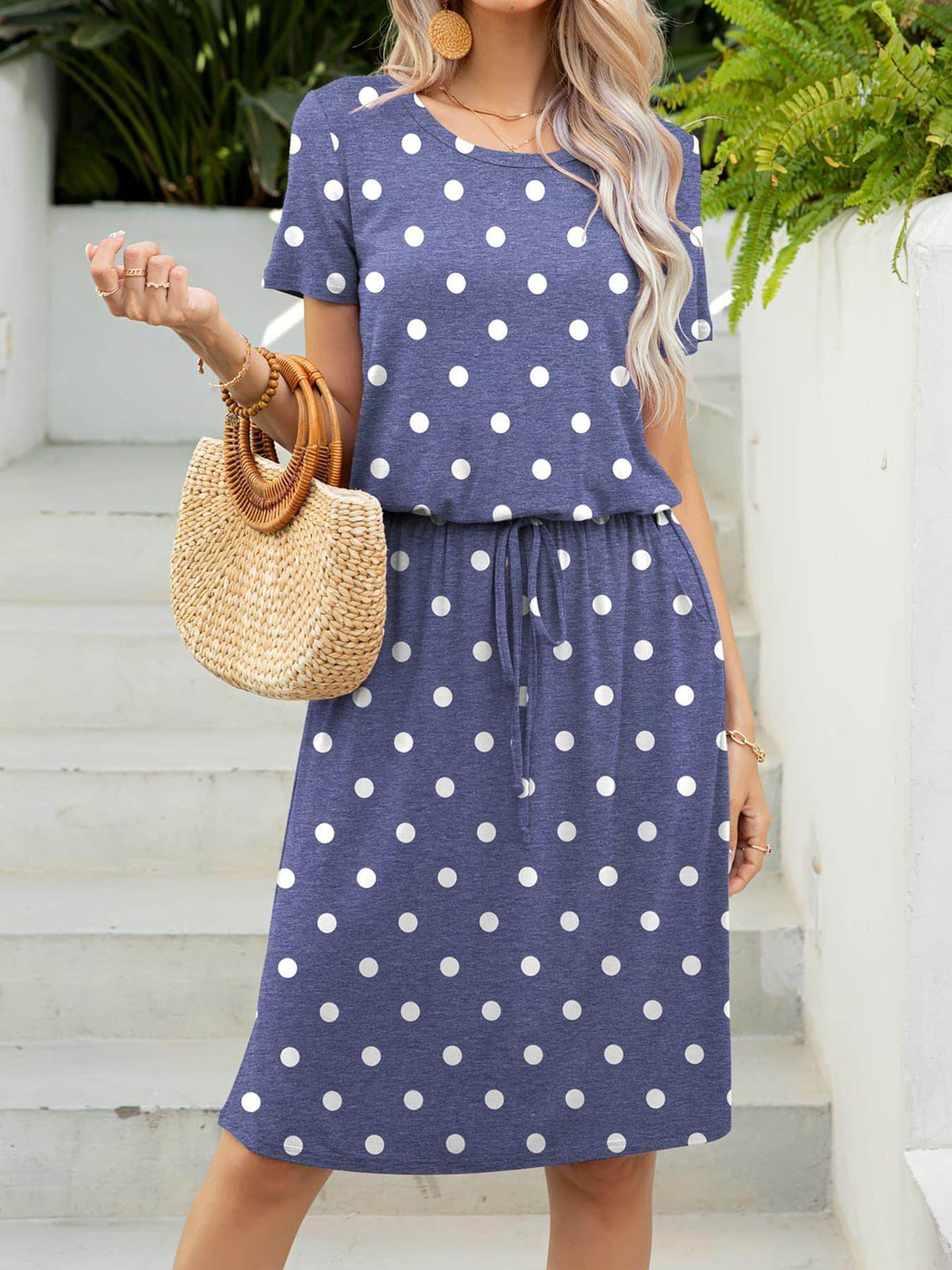 Round Neck Short Sleeve Slit Dress with Pockets for Women