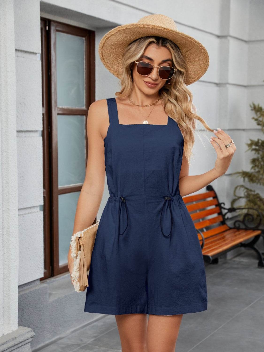 Drawstring Wide Strap Romper with Pockets