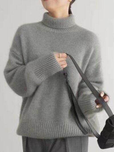 Turtleneck Dropped Shoulder Long Sleeve Sweater for Women