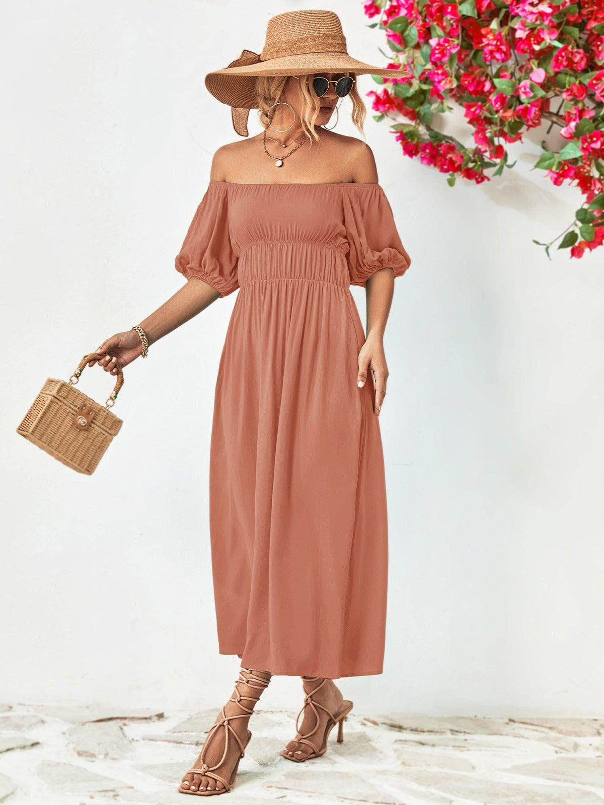 Off-Shoulder Balloon Sleeve Midi Dress for Chic Style