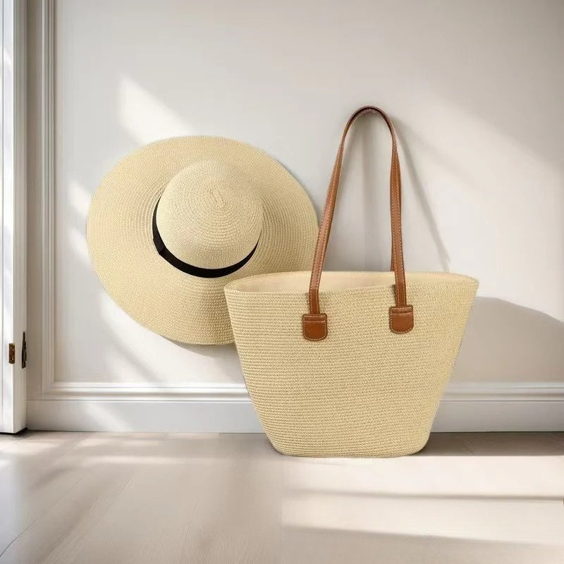 Straw Hat &amp; Tote Set – Beach Vacation Sun Protection Duo, Large Capacity Travel Tote