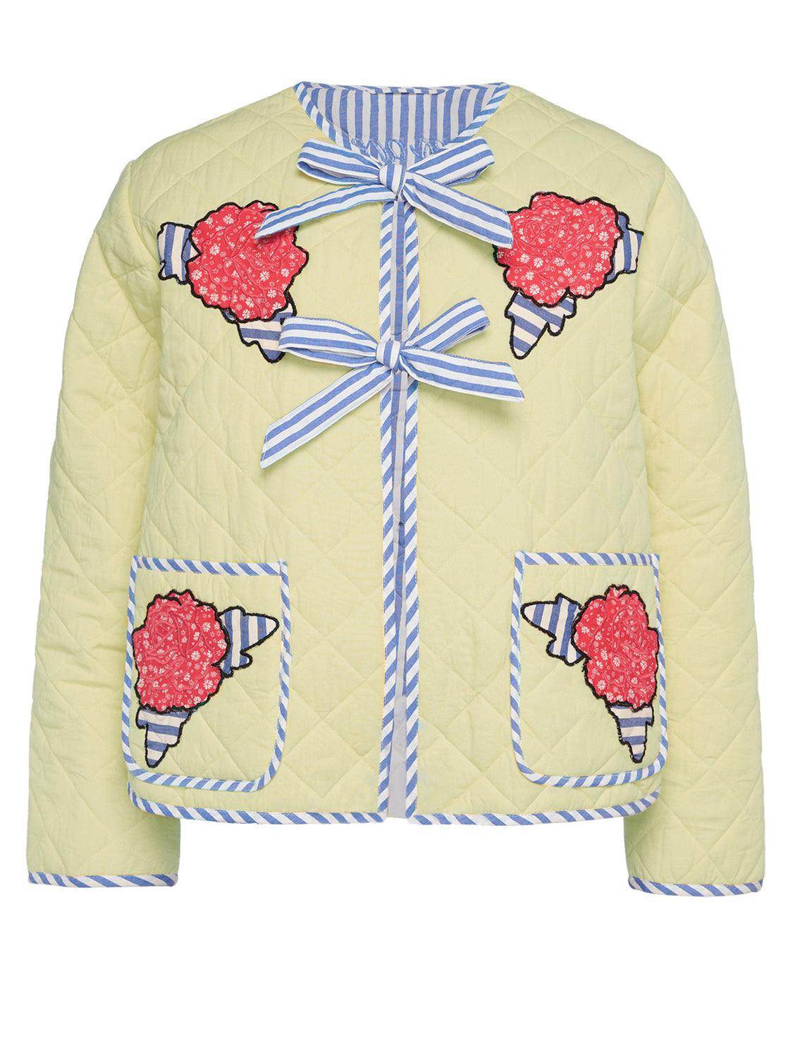 Embroidered Flower Tied Long Sleeve Winter Coat for Women