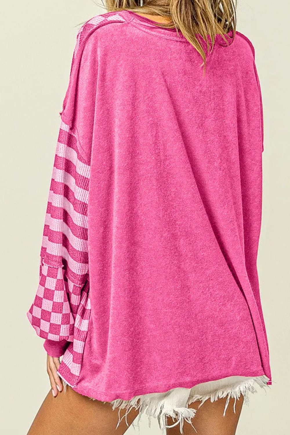 Checker &amp; Stripes Round Neck Long Sleeve Blouse