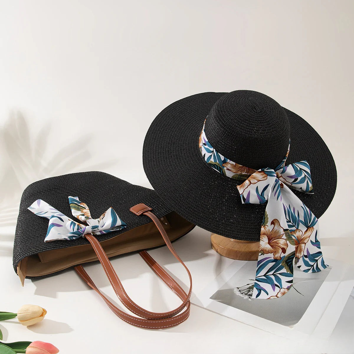 Straw Hat &amp; Tote Set – Beach Vacation Sun Protection Duo, Large Capacity Travel Tote