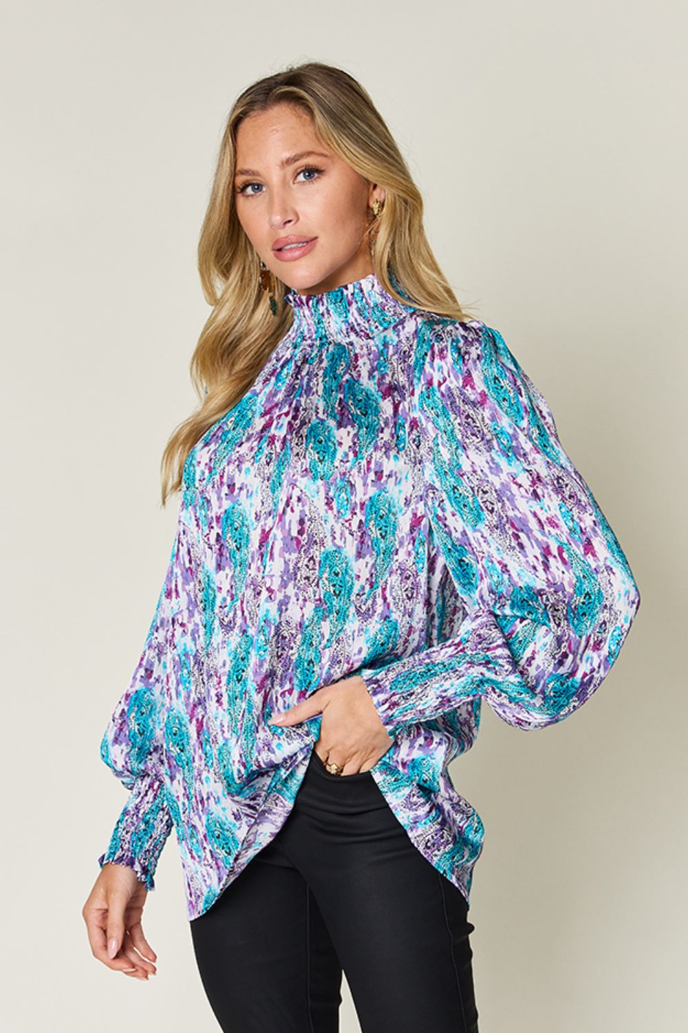 Semi-Sheer Smocked Top with Long Sleeves &amp; Frills