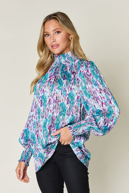 Semi-Sheer Smocked Top with Long Sleeves &amp; Frills