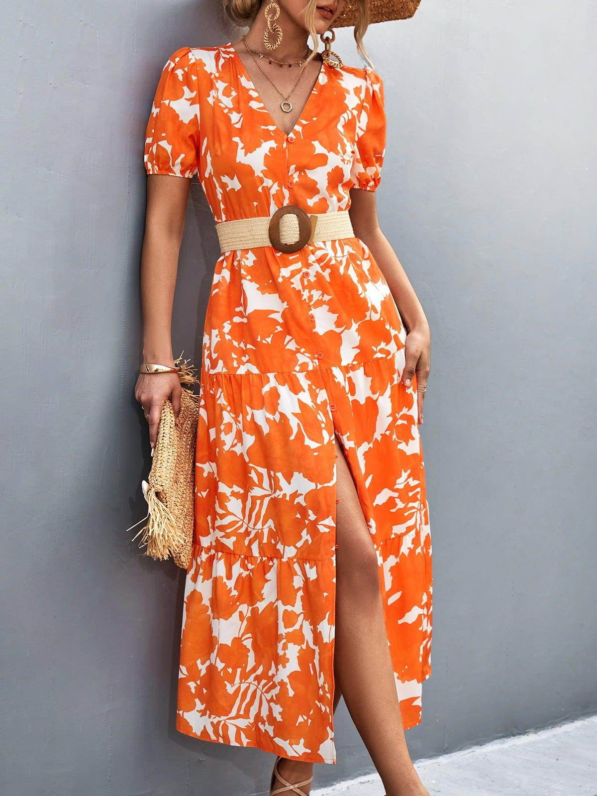 V-Neck Short Sleeve High Slit Midi Dress for Chic Style