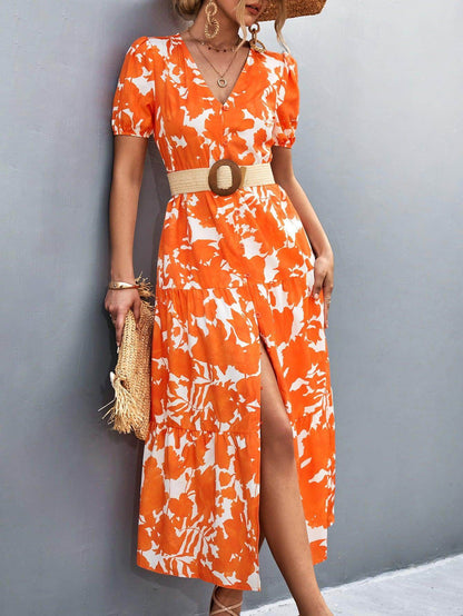 V-Neck Short Sleeve High Slit Midi Dress for Chic Style