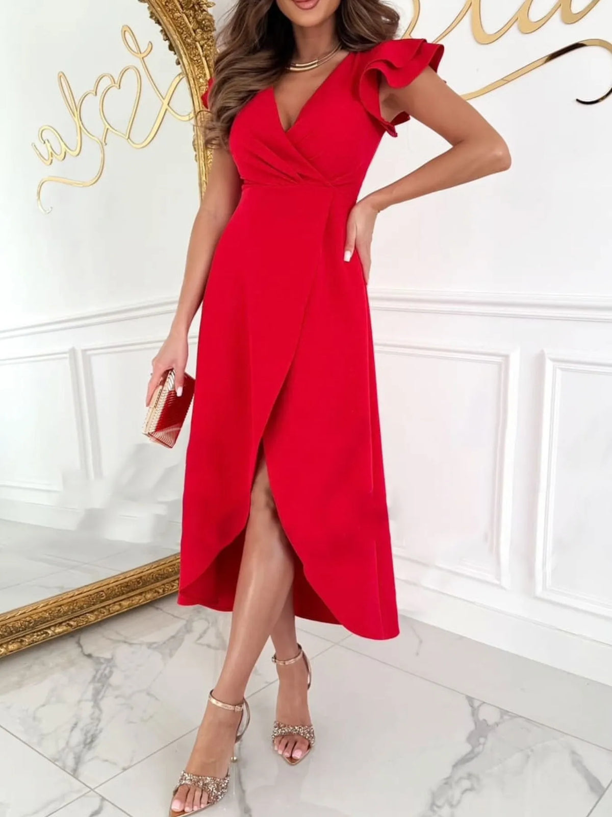 Surplice Ruffled Cap Sleeve Dress
