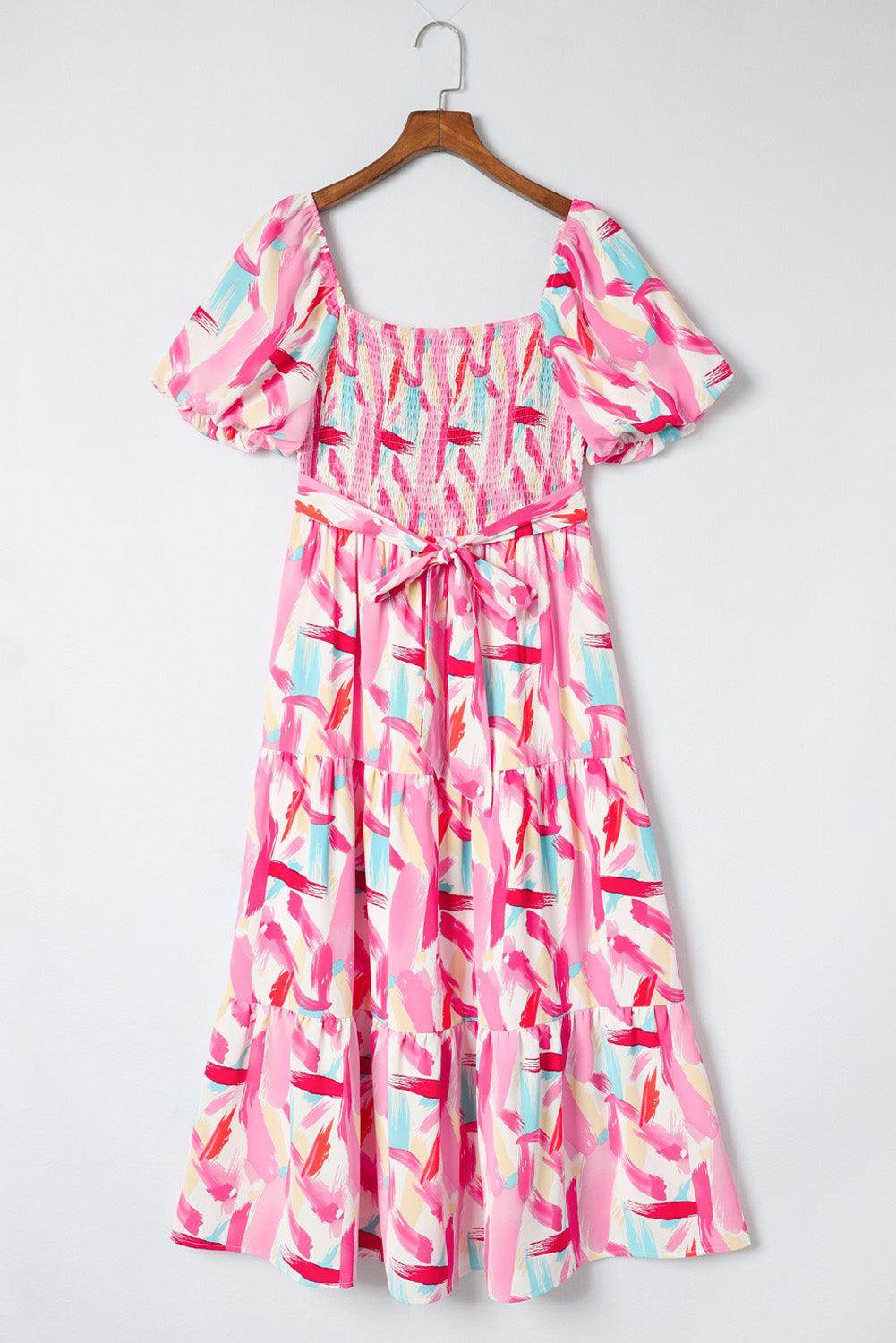 Chic Printed Square Neck Tied Smocked Dress for Women