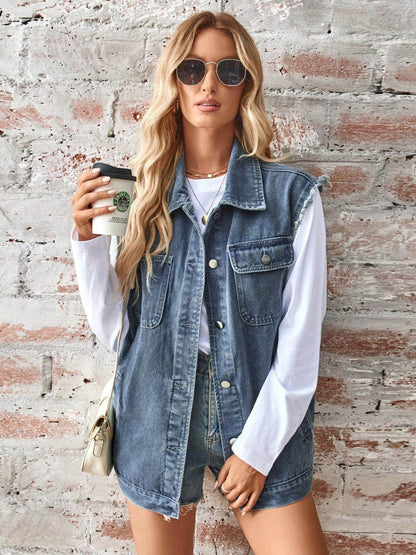 Raw Hem Sleeveless Button Up Denim Jacket for Women