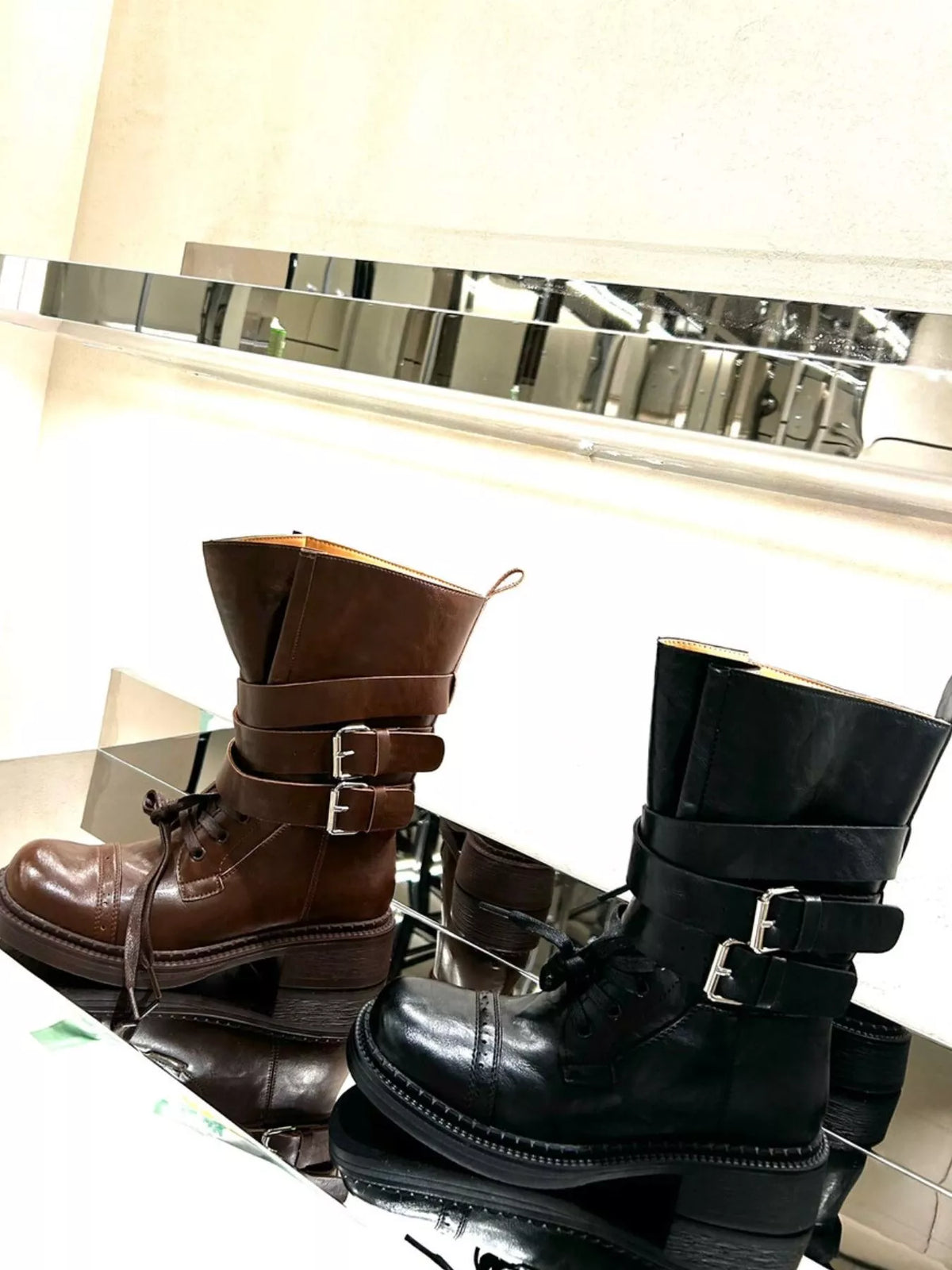 Buckled Leather Block Heel Boots