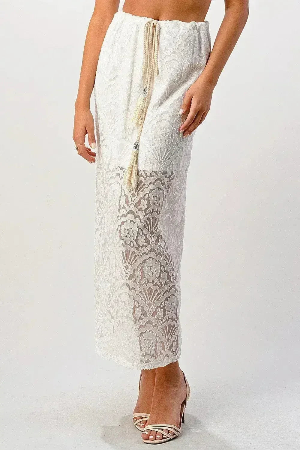 Sheer Lace Maxi Skirt - Drawstring Waist &amp; Bow | Femstylo
