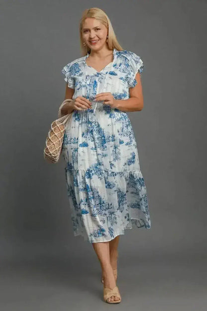 Umgee Full Size Two Tone Landscape Print Midi Dress Plus Size