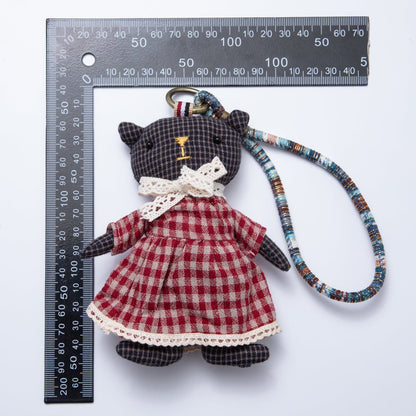Fabric Doll Gingham Dress And Cardigan Black Teddy Keychain | WB-00061 - WB-00062