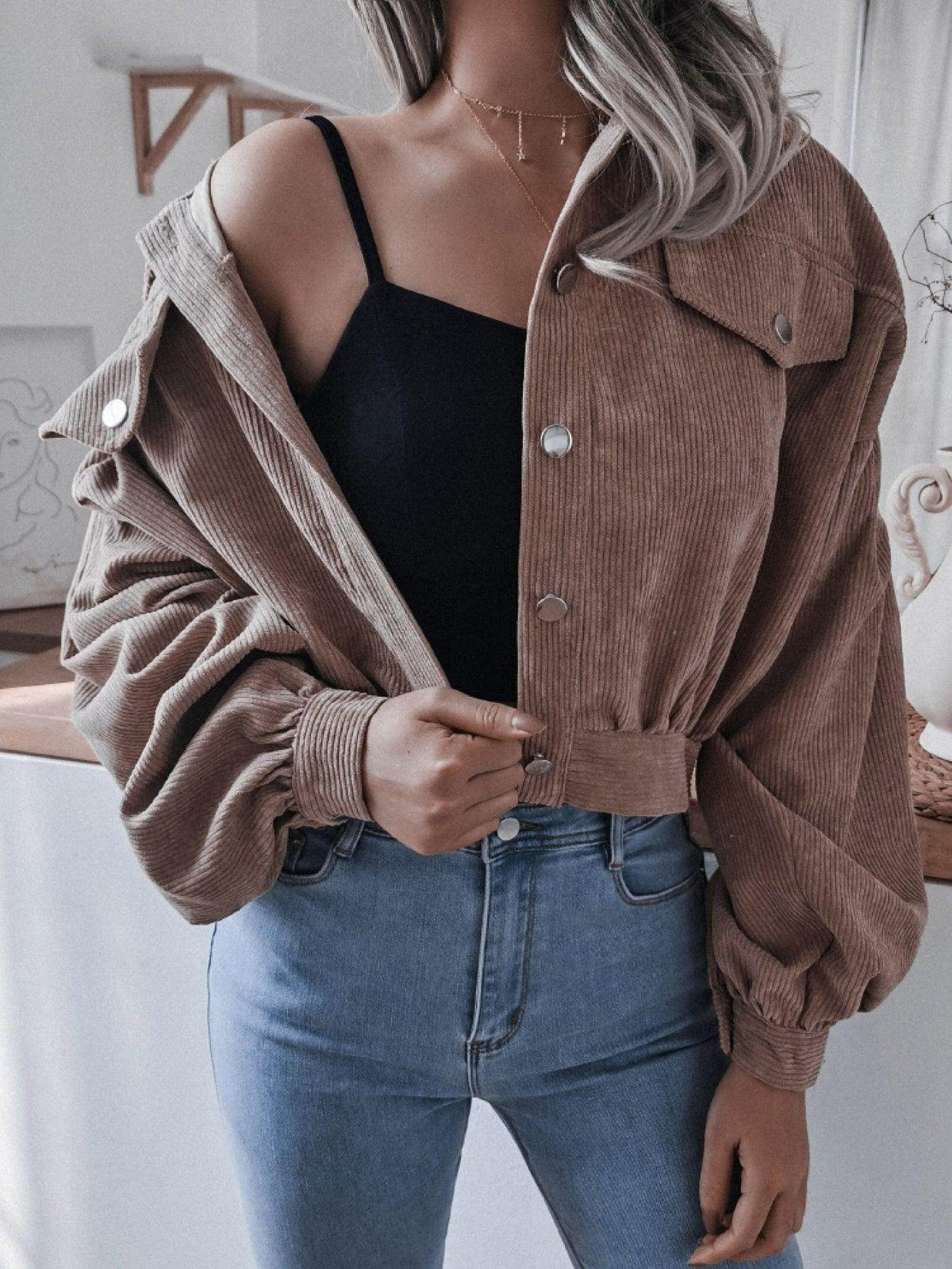 Lantern Sleeve Cropped Corduroy Jacket for Stylish Comfort