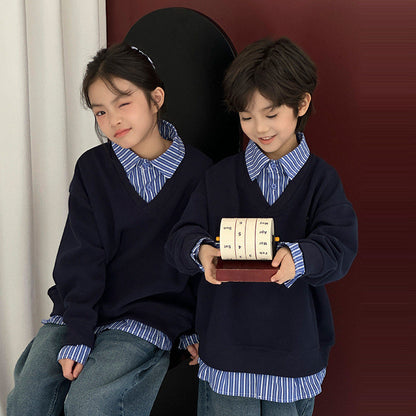 Kids FallWinter Patchwork Polo-Neck Sweater Heavyweight Coordinating Parent-ChildSibling Matching Sets For Boys And Girls