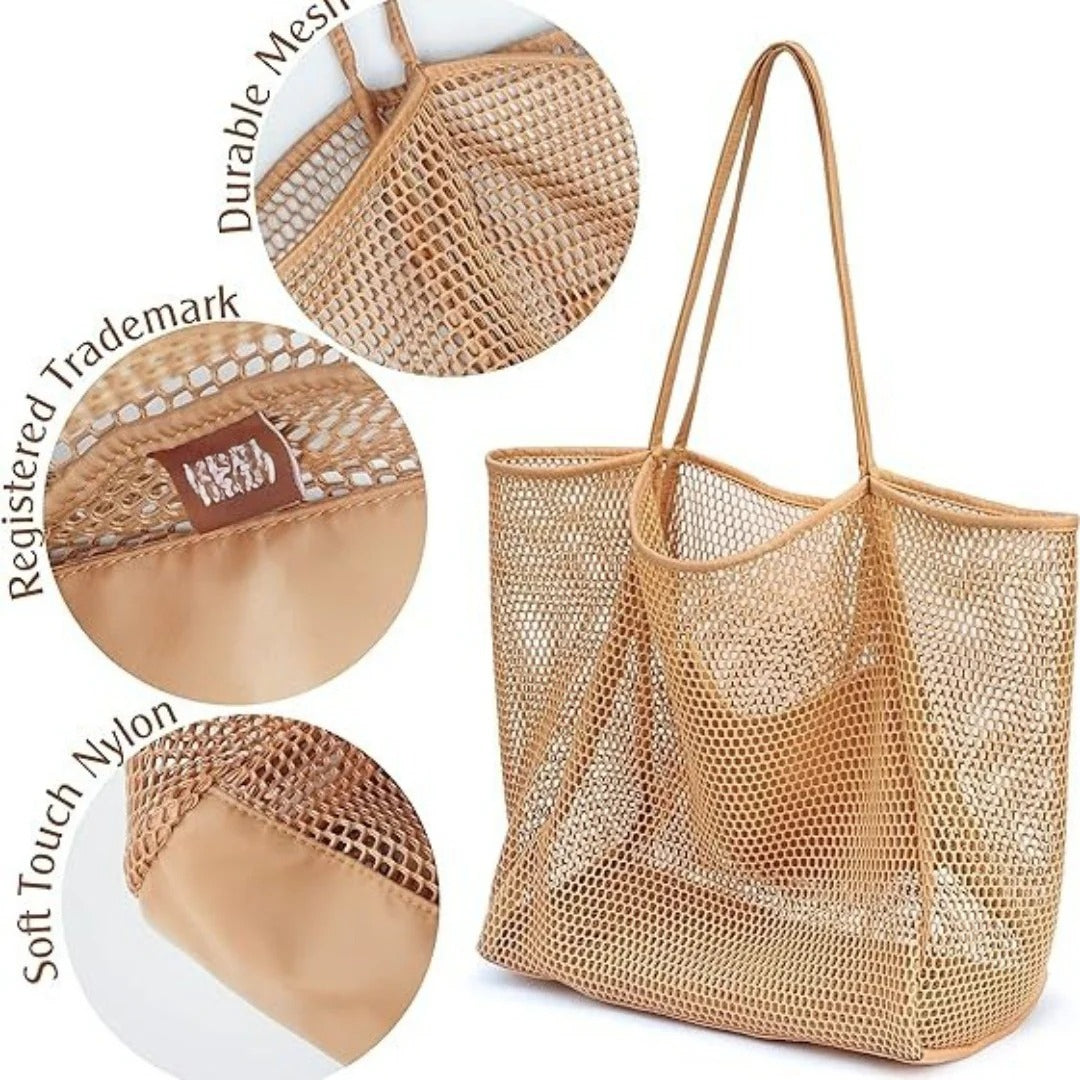 Large Capacity Ladies Beach Bag - Hollow Mesh Tote for Outdoor Travel &amp; Storage